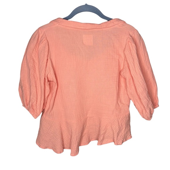 Tach Larina top coral embroidered crop peplum size small gauze puff sleeve - Picture 3 of 6